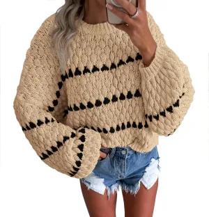 Okiwam Womens Long Sleeve Sweaters Crew Neck Striped Color Block Pullover 2024 Fall Fashion Oversized Soft Cable Knit Jumper