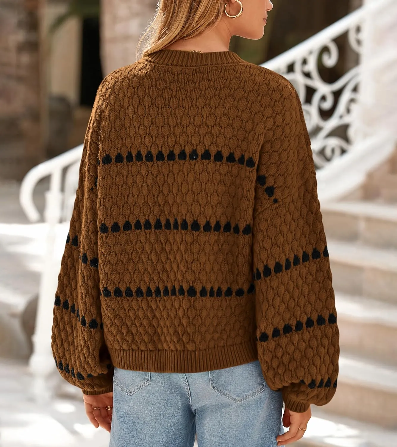 Okiwam Womens Long Sleeve Sweaters Crew Neck Striped Color Block Pullover 2024 Fall Fashion Oversized Soft Cable Knit Jumper