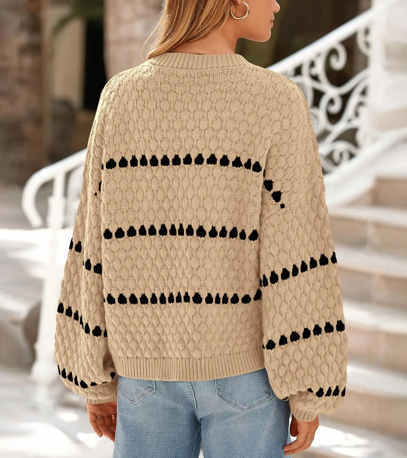 Okiwam Womens Long Sleeve Sweaters Crew Neck Striped Color Block Pullover 2024 Fall Fashion Oversized Soft Cable Knit Jumper