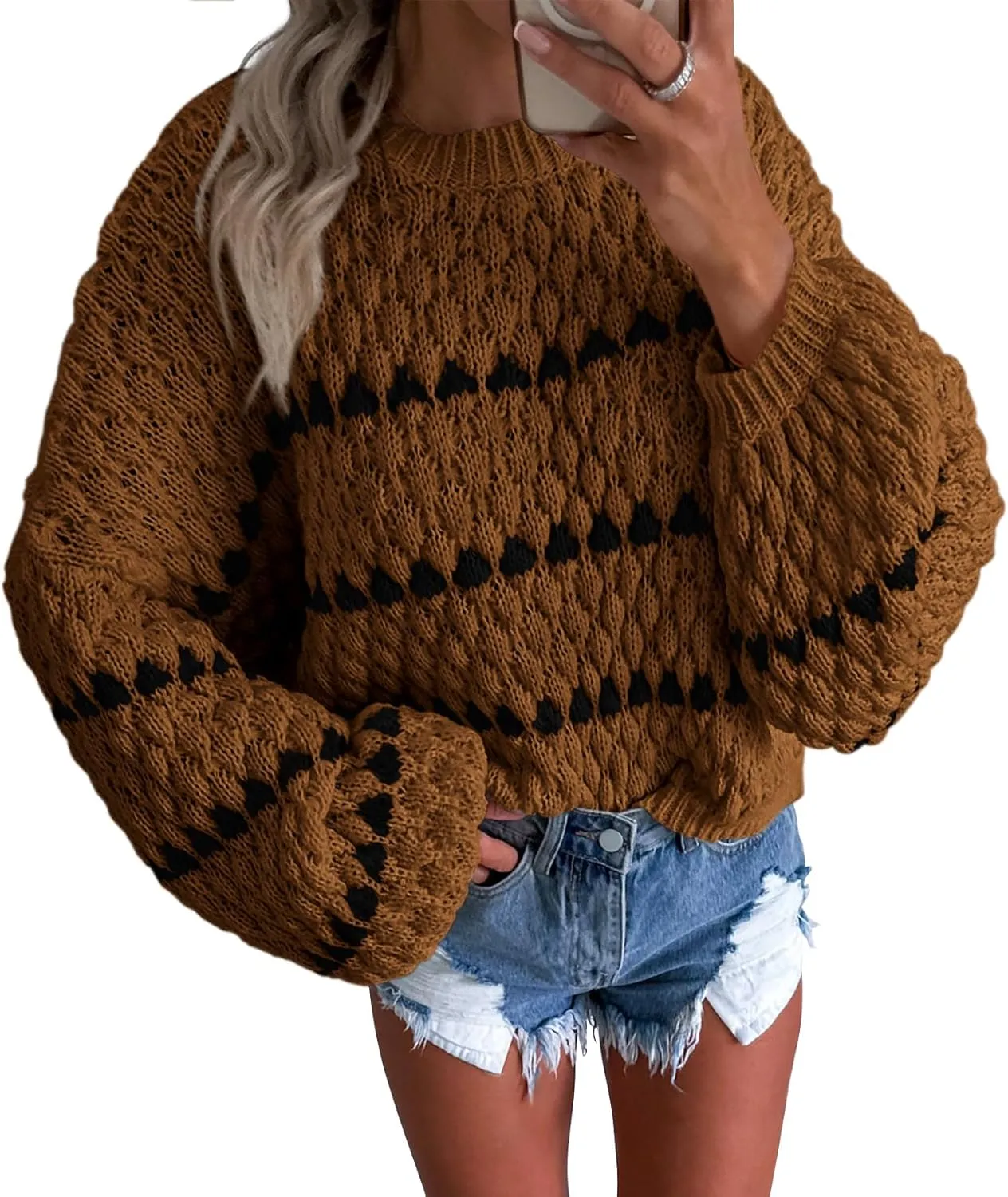 Okiwam Womens Long Sleeve Sweaters Crew Neck Striped Color Block Pullover 2024 Fall Fashion Oversized Soft Cable Knit Jumper