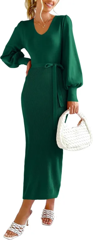 PRETTYGARDEN Women's Fall Knit Pullover Sweater Dress Elegant Long Lantern Sleeve V Neck Winter Maxi Bodycon Dresses