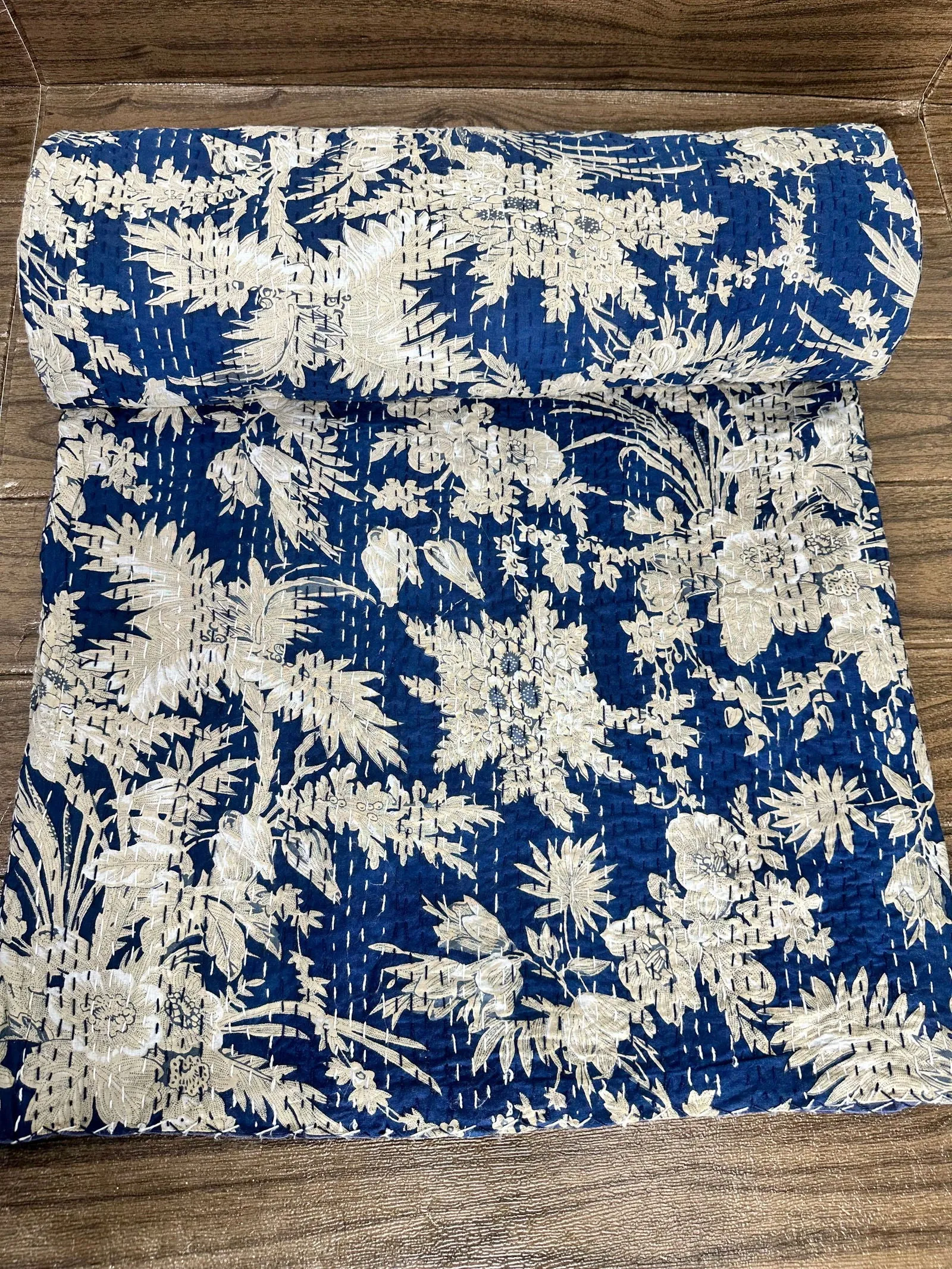 Pure Cotton Kantha Stitch Throw | Indian Hand Block Quilted King Size Bedspread/Sofa Cover Home Decor | Gardenia Reversible Print Blue