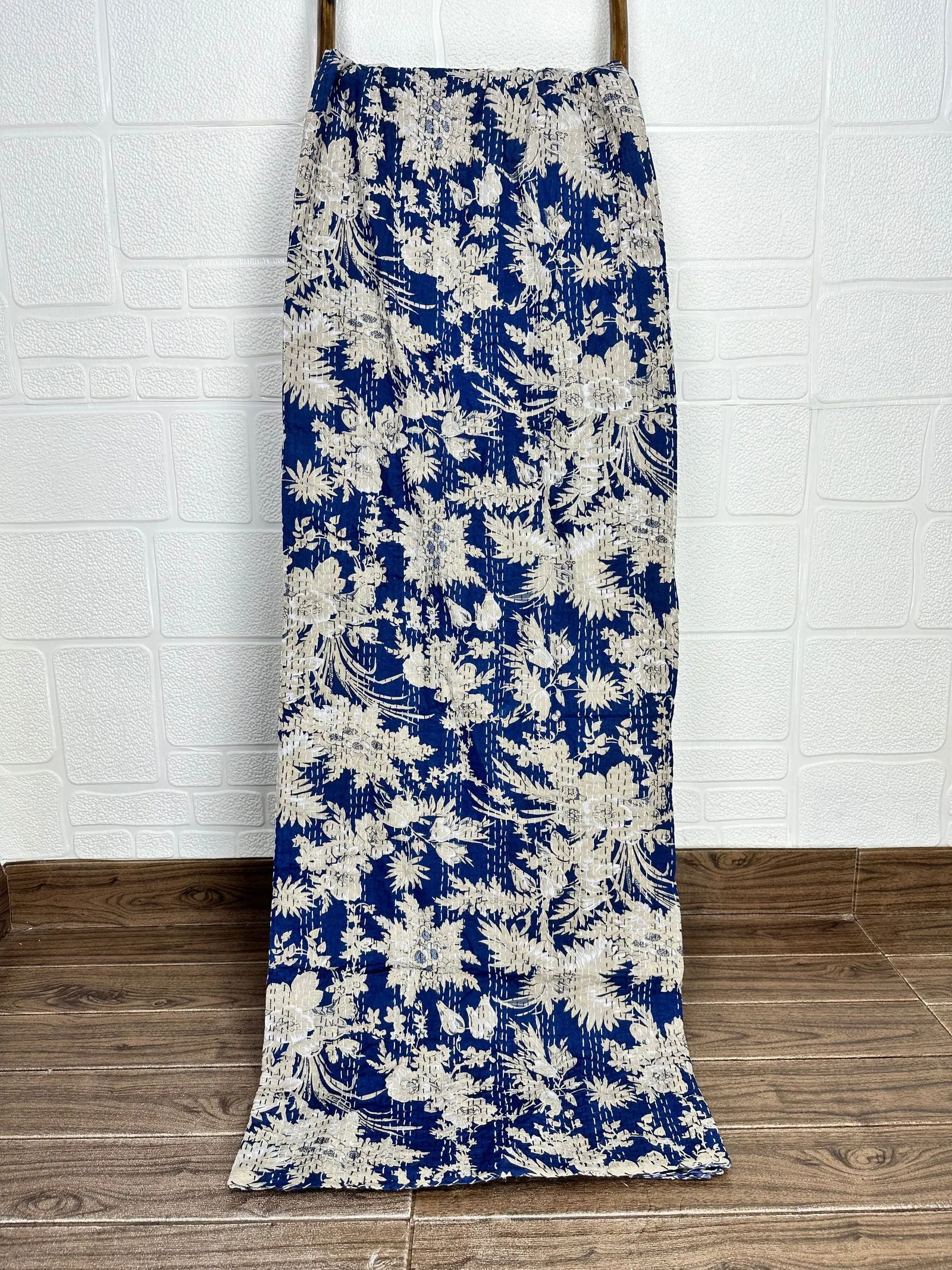 Pure Cotton Kantha Stitch Throw | Indian Hand Block Quilted King Size Bedspread/Sofa Cover Home Decor | Gardenia Reversible Print Blue