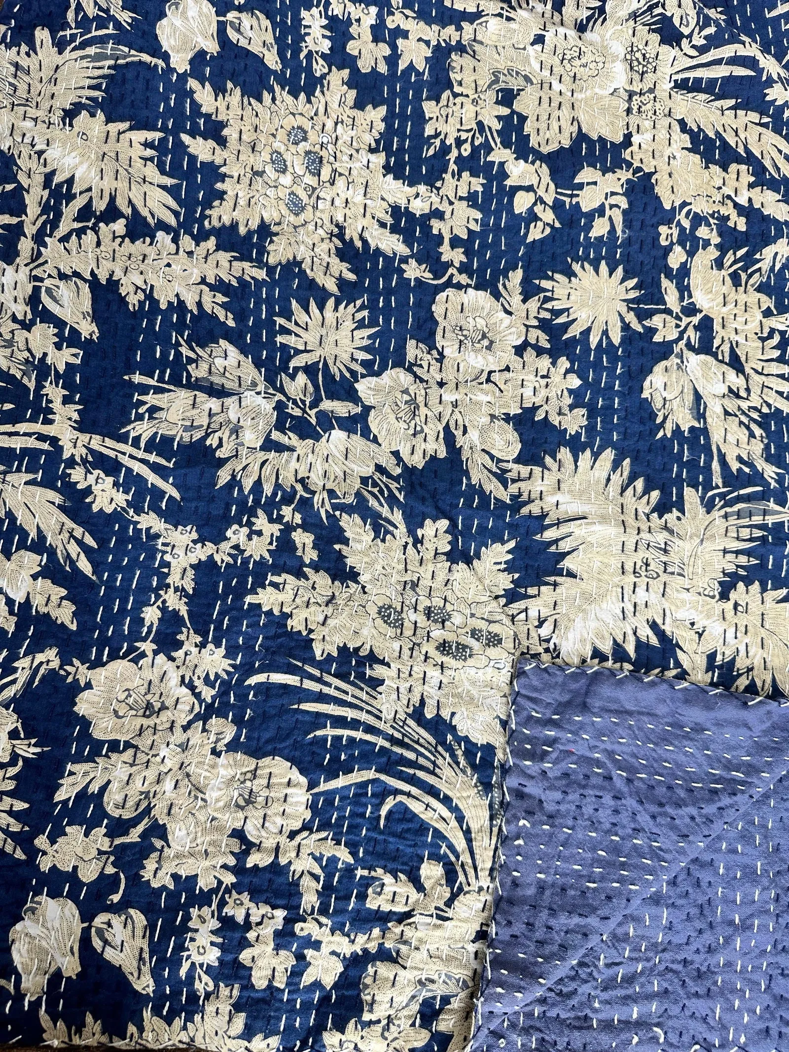Pure Cotton Kantha Stitch Throw | Indian Hand Block Quilted King Size Bedspread/Sofa Cover Home Decor | Gardenia Reversible Print Blue