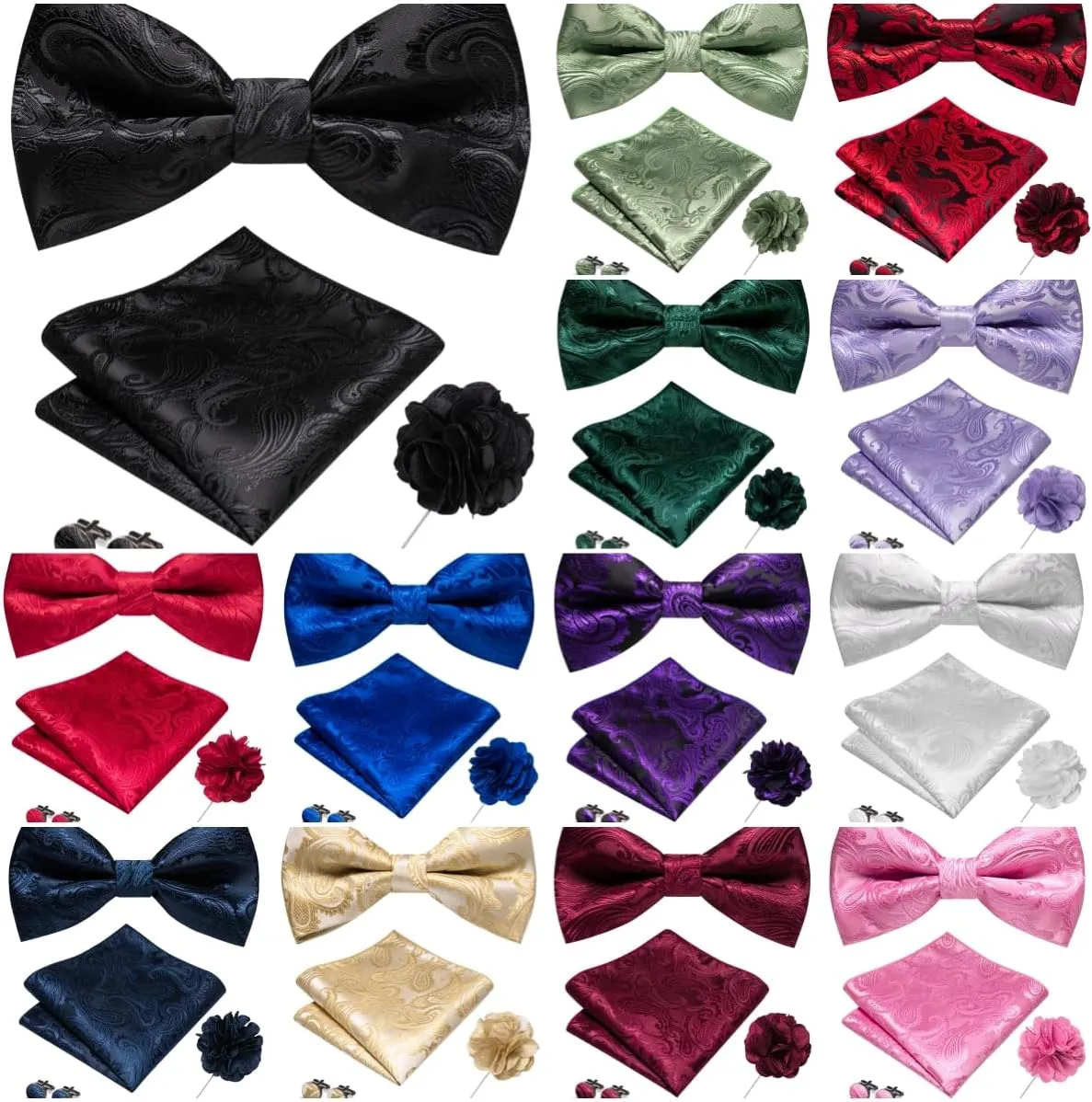 RBOCOTT Paisley Bow Tie and Pocket Sqaure Set with Lapel Pin and Cufflinks for Men