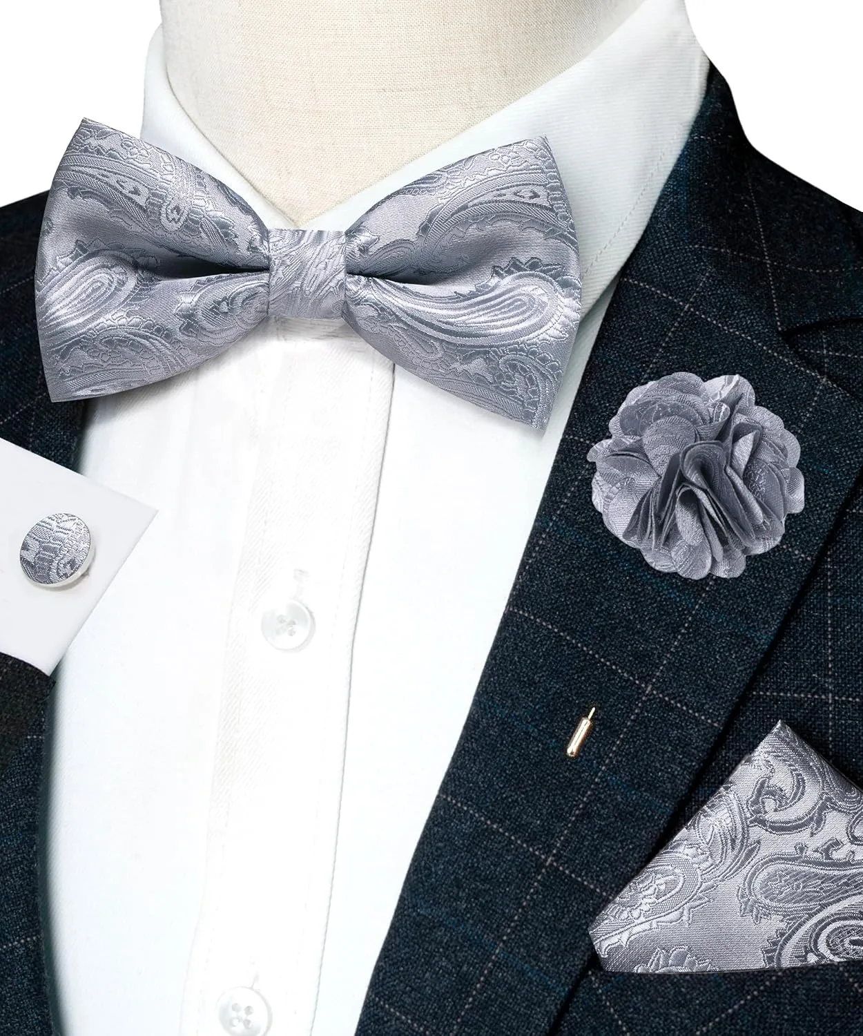 RBOCOTT Paisley Bow Tie and Pocket Sqaure Set with Lapel Pin and Cufflinks for Men