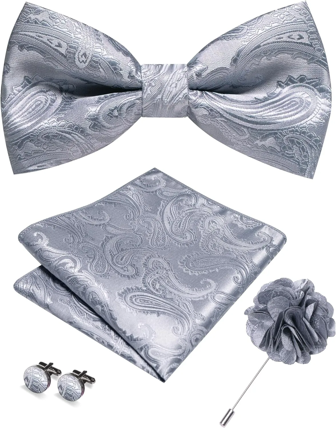 RBOCOTT Paisley Bow Tie and Pocket Sqaure Set with Lapel Pin and Cufflinks for Men