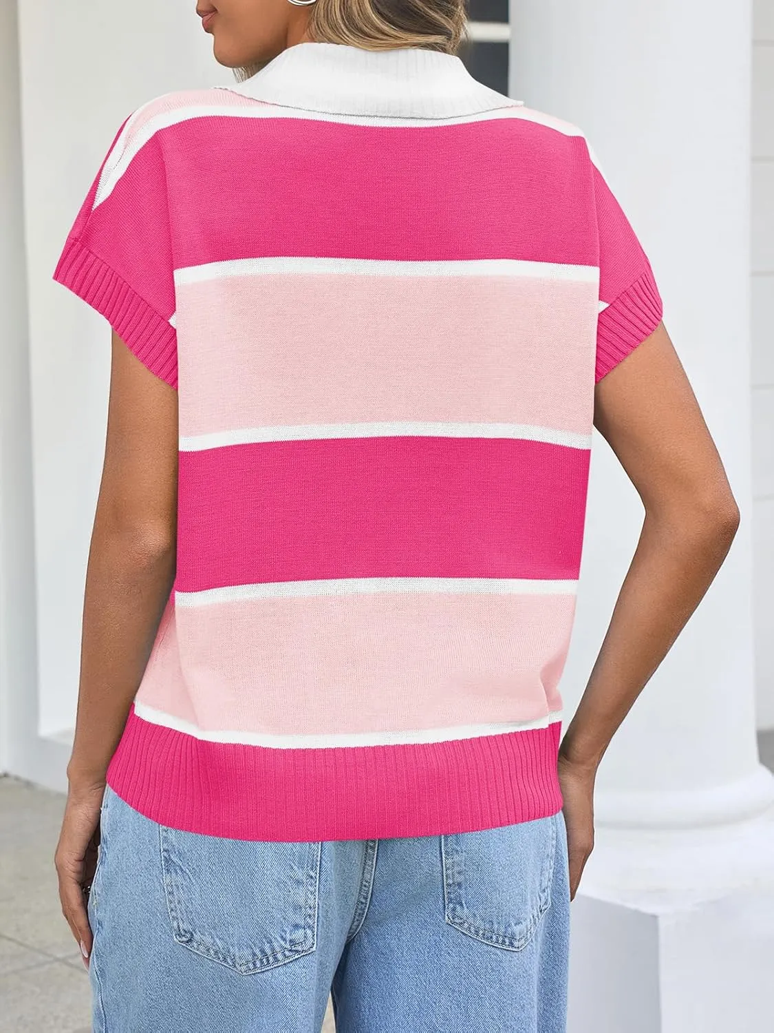 Saodimallsu Womens Striped Short Sleeve Sweater V Neck Button Down Color Block Loose Knit Pullover Tops