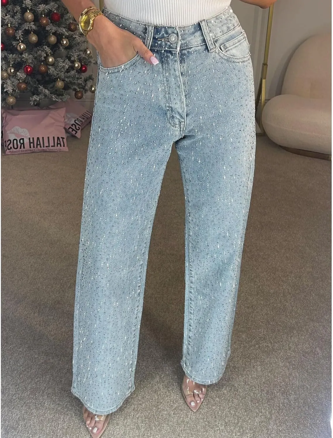 Sexyshine Women's Diamond Rhinestone Jeans High Waist Straight Wide Leg Stretchy Bling Denim Pants