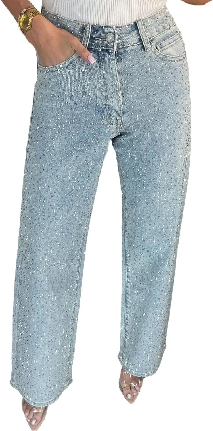 Sexyshine Women's Diamond Rhinestone Jeans High Waist Straight Wide Leg Stretchy Bling Denim Pants