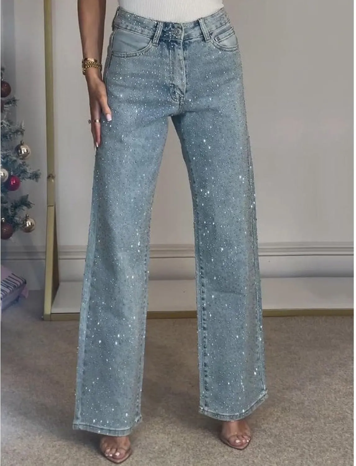 Sexyshine Women's Diamond Rhinestone Jeans High Waist Straight Wide Leg Stretchy Bling Denim Pants