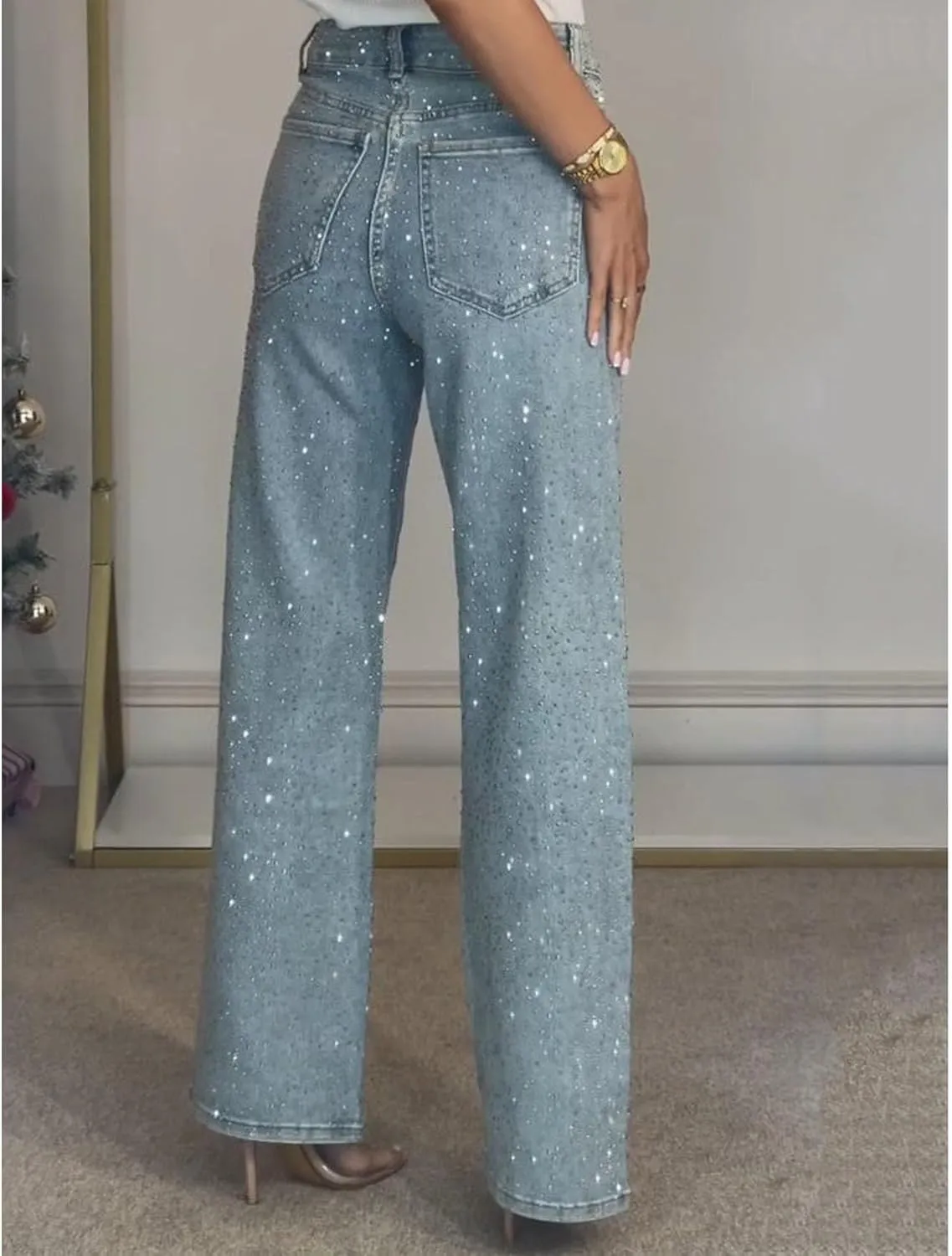 Sexyshine Women's Diamond Rhinestone Jeans High Waist Straight Wide Leg Stretchy Bling Denim Pants
