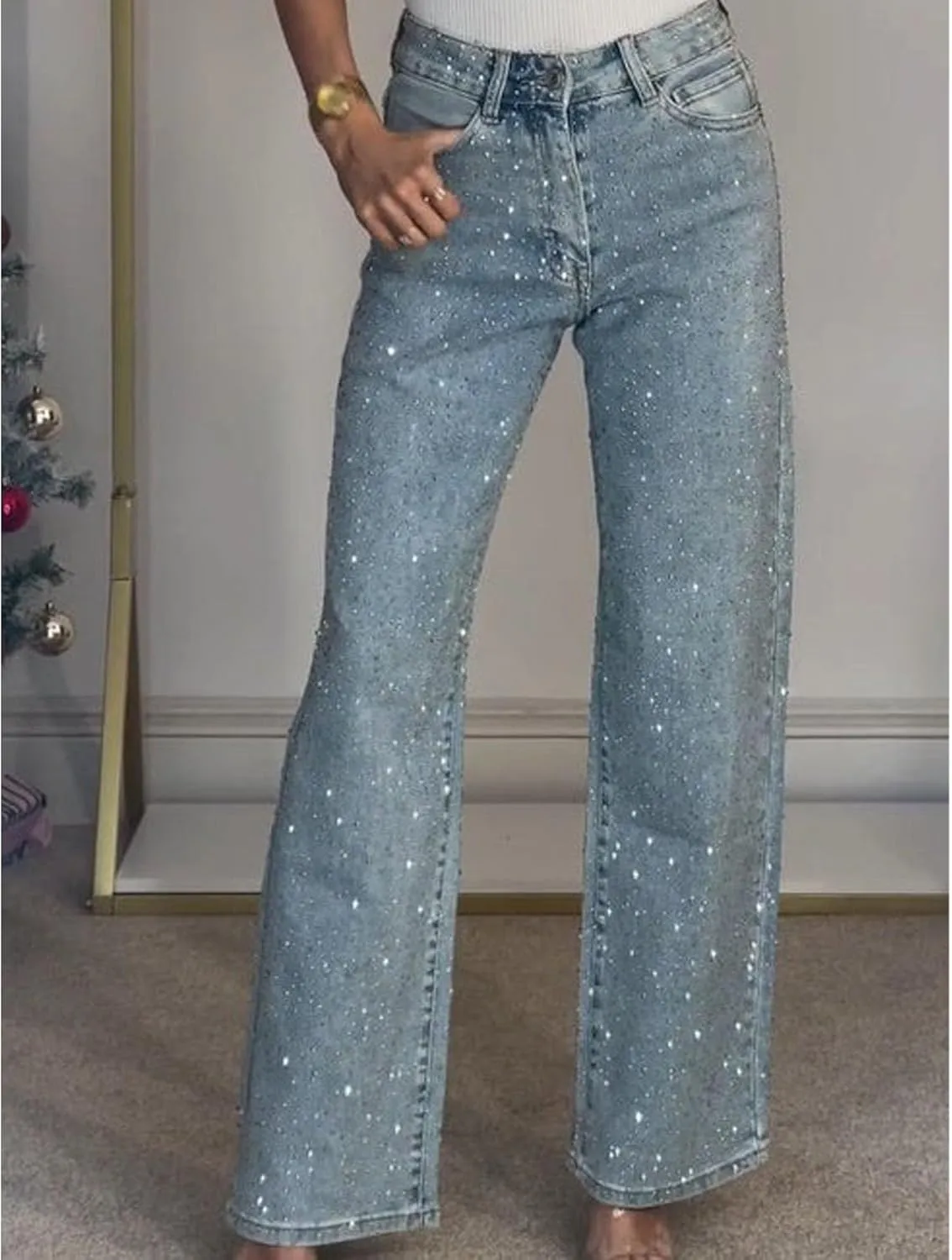 Sexyshine Women's Diamond Rhinestone Jeans High Waist Straight Wide Leg Stretchy Bling Denim Pants