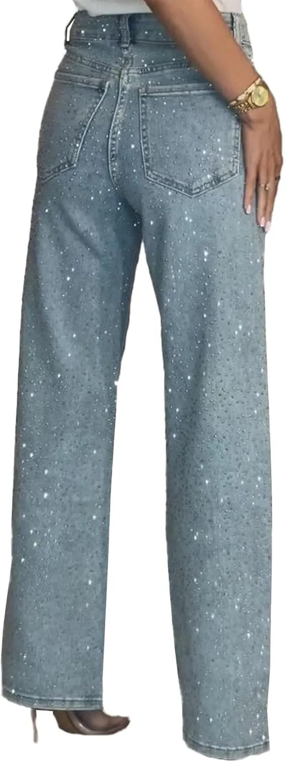 Sexyshine Women's Diamond Rhinestone Jeans High Waist Straight Wide Leg Stretchy Bling Denim Pants