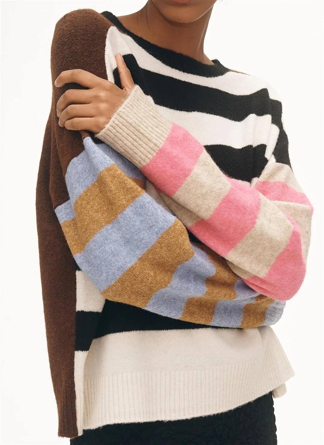 Striped Sweater Women Color Block Oversized Pullover Sweaters Fall Crewneck Batwing Sleeve Knit Tops