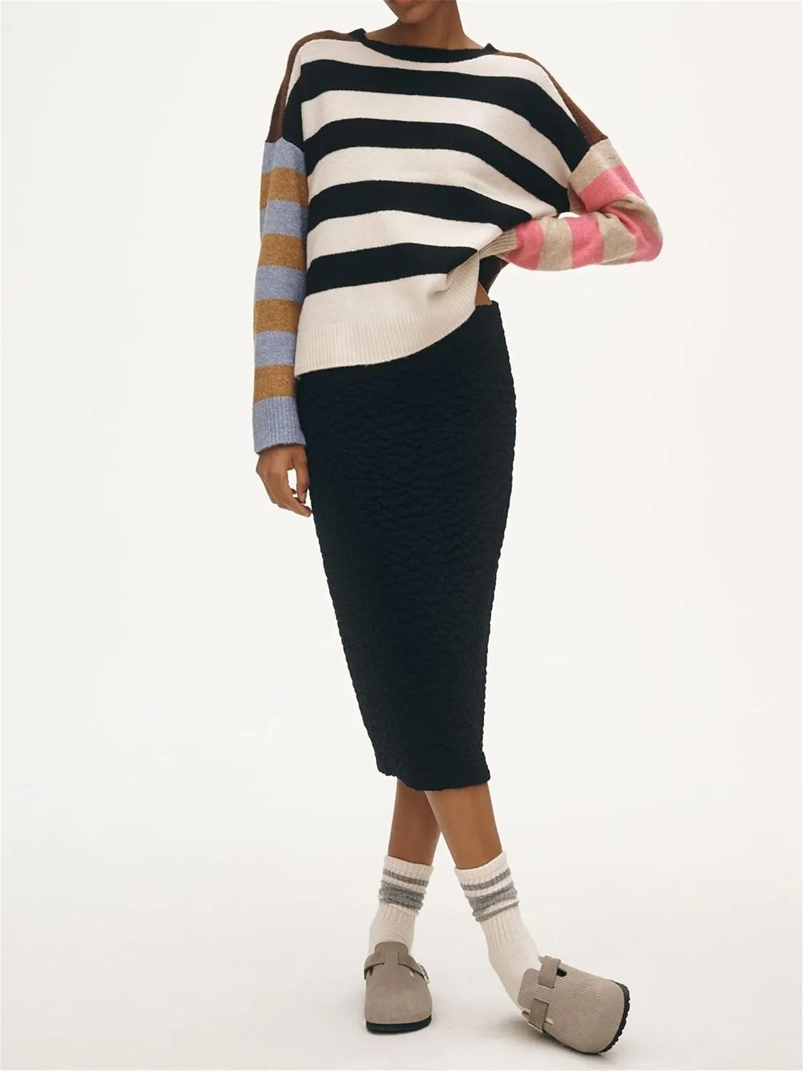 Striped Sweater Women Color Block Oversized Pullover Sweaters Fall Crewneck Batwing Sleeve Knit Tops