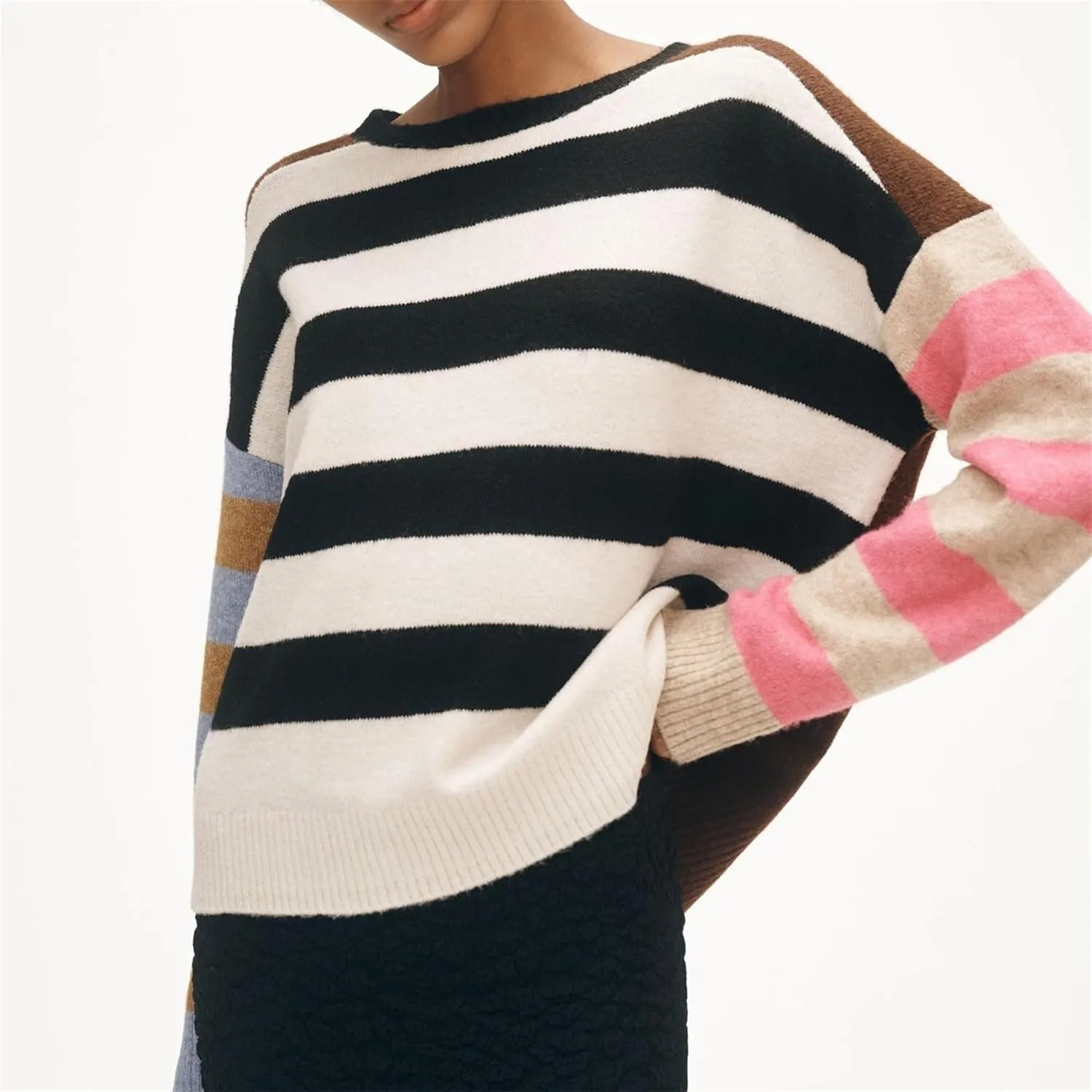 Striped Sweater Women Color Block Oversized Pullover Sweaters Fall Crewneck Batwing Sleeve Knit Tops