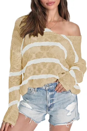 Sumtory Womens Off Shoulder V Neck Light Fall Striped Pullover Sweaters Tops