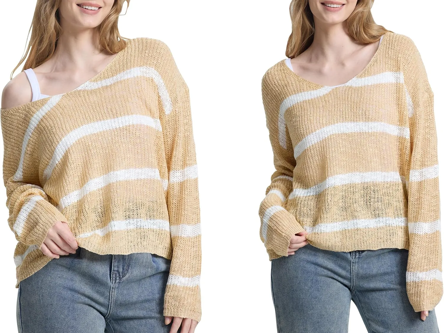 Sumtory Womens Off Shoulder V Neck Light Fall Striped Pullover Sweaters Tops