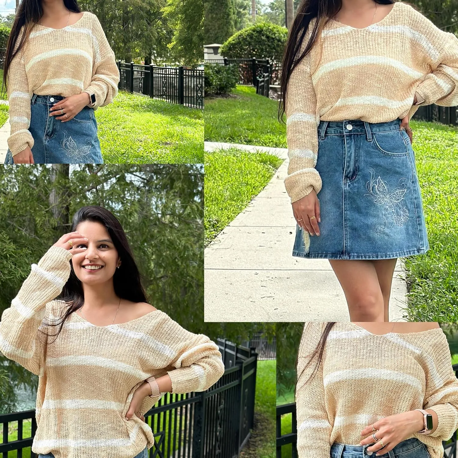 Sumtory Womens Off Shoulder V Neck Light Fall Striped Pullover Sweaters Tops