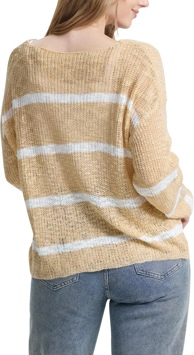Sumtory Womens Off Shoulder V Neck Light Fall Striped Pullover Sweaters Tops