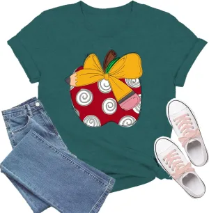 Teacher Shirts for Women Bow Pencil Teacher T-Shirt Apple Teaching Tee Tops