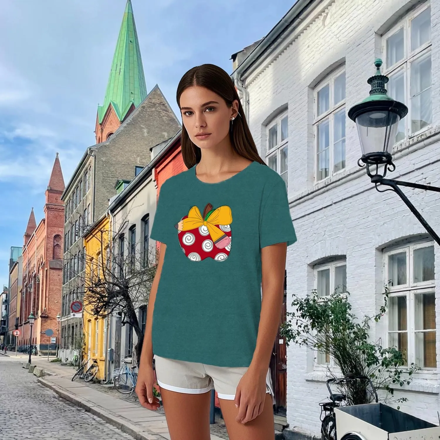 Teacher Shirts for Women Bow Pencil Teacher T-Shirt Apple Teaching Tee Tops