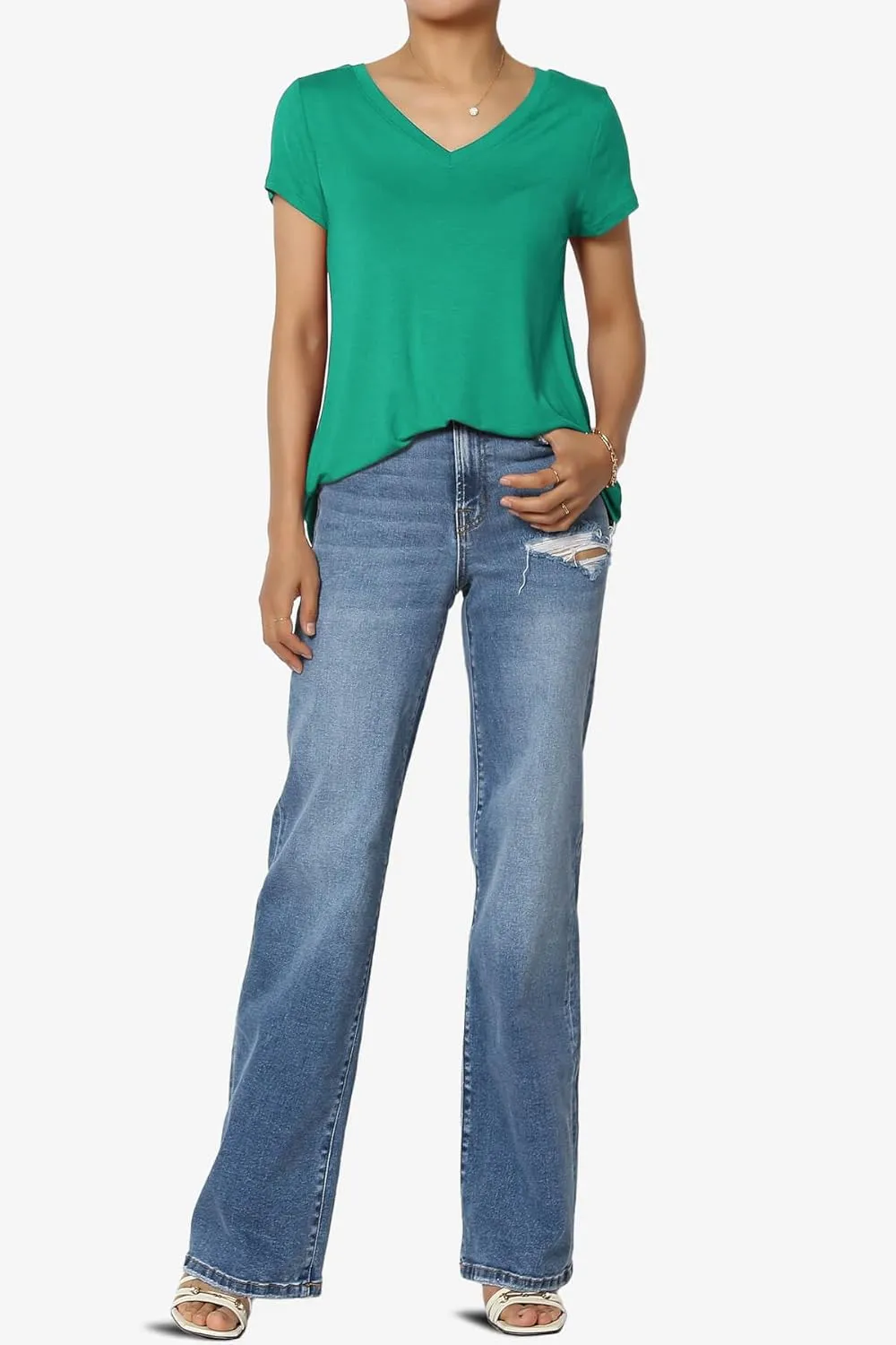 TheMogan Women's Casual V-Neck Short Sleeve T-Shirt Soft Drapey Jersey Relaxed Top Perfect Tee