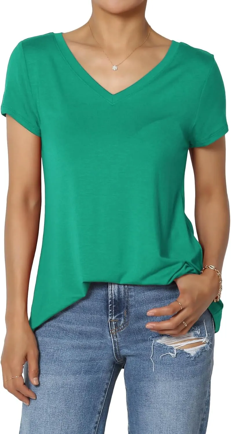 TheMogan Women's Casual V-Neck Short Sleeve T-Shirt Soft Drapey Jersey Relaxed Top Perfect Tee