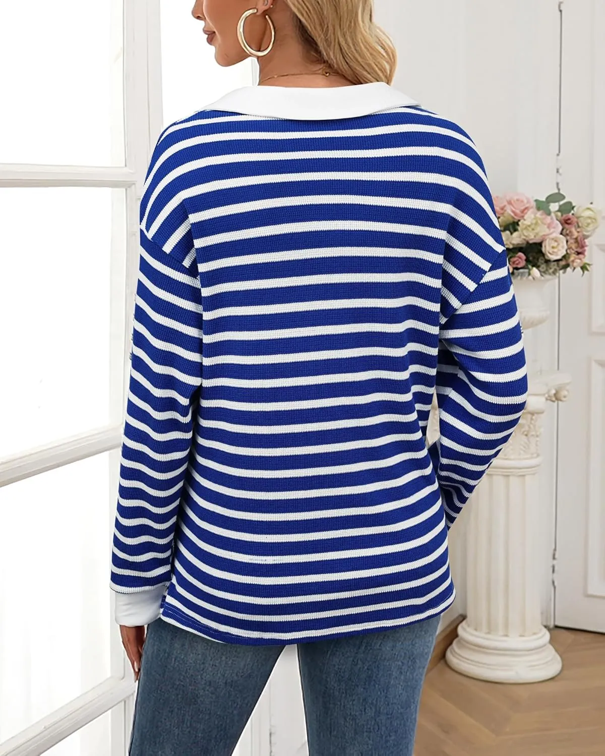 Vivilli Womens Waffle Knit Sweater Tops Long Sleeve Collared V Neck Striped Shirts Trendy Loose Fit Tunic Tops