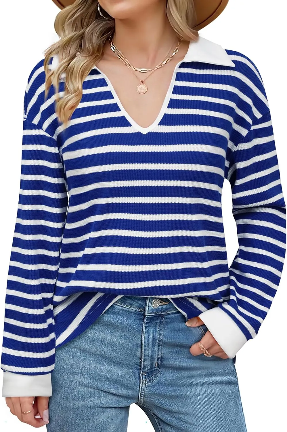 Vivilli Womens Waffle Knit Sweater Tops Long Sleeve Collared V Neck Striped Shirts Trendy Loose Fit Tunic Tops