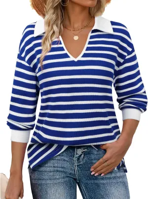 Vivilli Womens Waffle Knit Sweater Tops Long Sleeve Collared V Neck Striped Shirts Trendy Loose Fit Tunic Tops