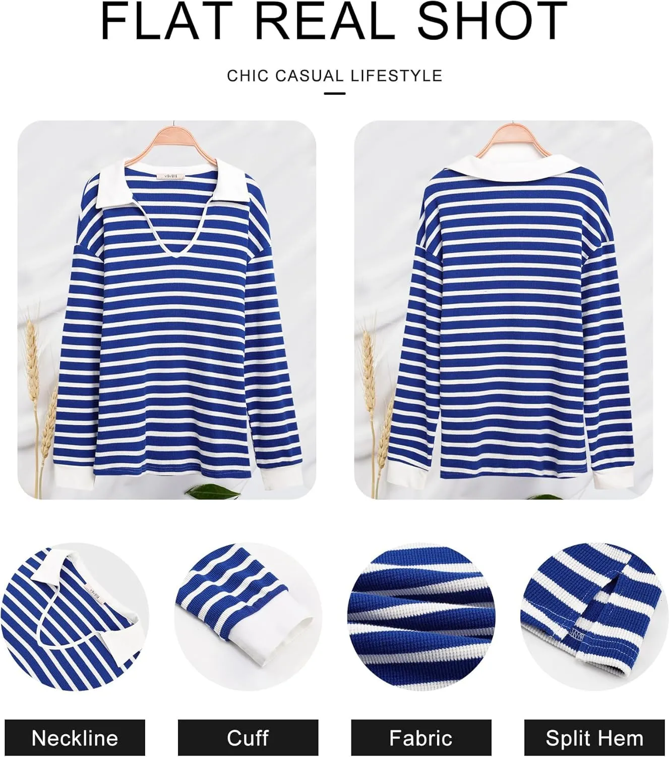 Vivilli Womens Waffle Knit Sweater Tops Long Sleeve Collared V Neck Striped Shirts Trendy Loose Fit Tunic Tops