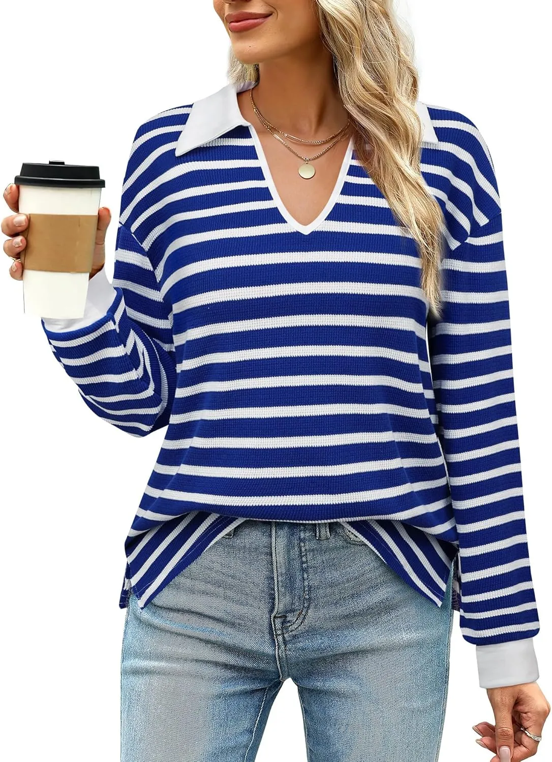 Vivilli Womens Waffle Knit Sweater Tops Long Sleeve Collared V Neck Striped Shirts Trendy Loose Fit Tunic Tops