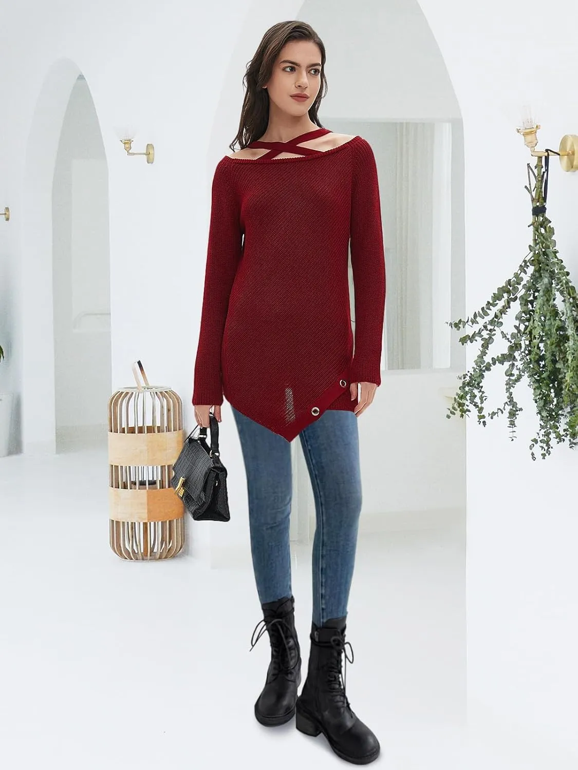 Women Off The Shoulder Sweater Burgundy Long Sleeve Tunic Sweaters Boat Neck Knit Asymmetrical Hem Cute Dress