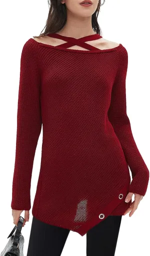 Women Off The Shoulder Sweater Burgundy Long Sleeve Tunic Sweaters Boat Neck Knit Asymmetrical Hem Cute Dress