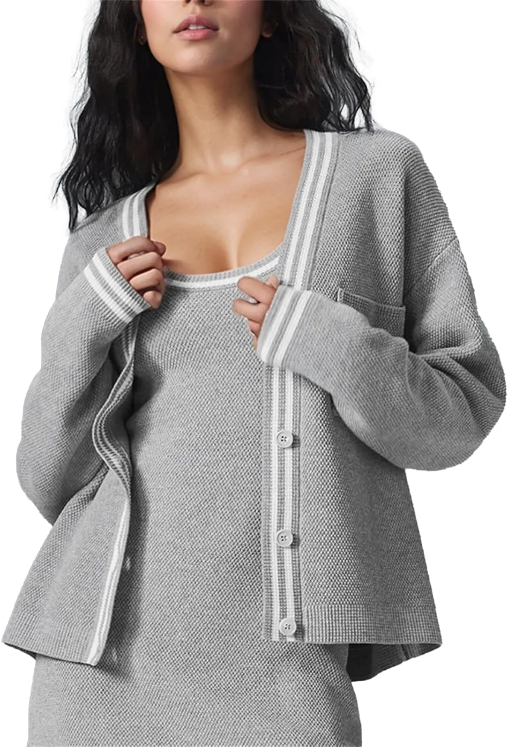 Women's Cardigan Sweaters Oversized Color Blocked V Neck Button Down Open Front Knit Long Sleeve Lightweight Jackets
