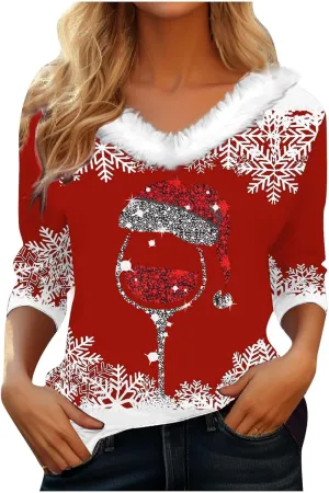 Womens Christmas Holiday Shirts Tops 3/4 Sleeve Faux Fur V Neck T-Shirt Xmas Tree Snowflakes Graphic Top Loose Blouse