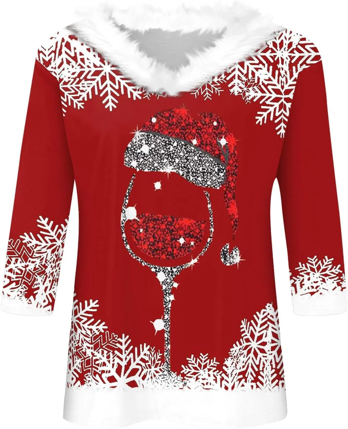 Womens Christmas Holiday Shirts Tops 3/4 Sleeve Faux Fur V Neck T-Shirt Xmas Tree Snowflakes Graphic Top Loose Blouse