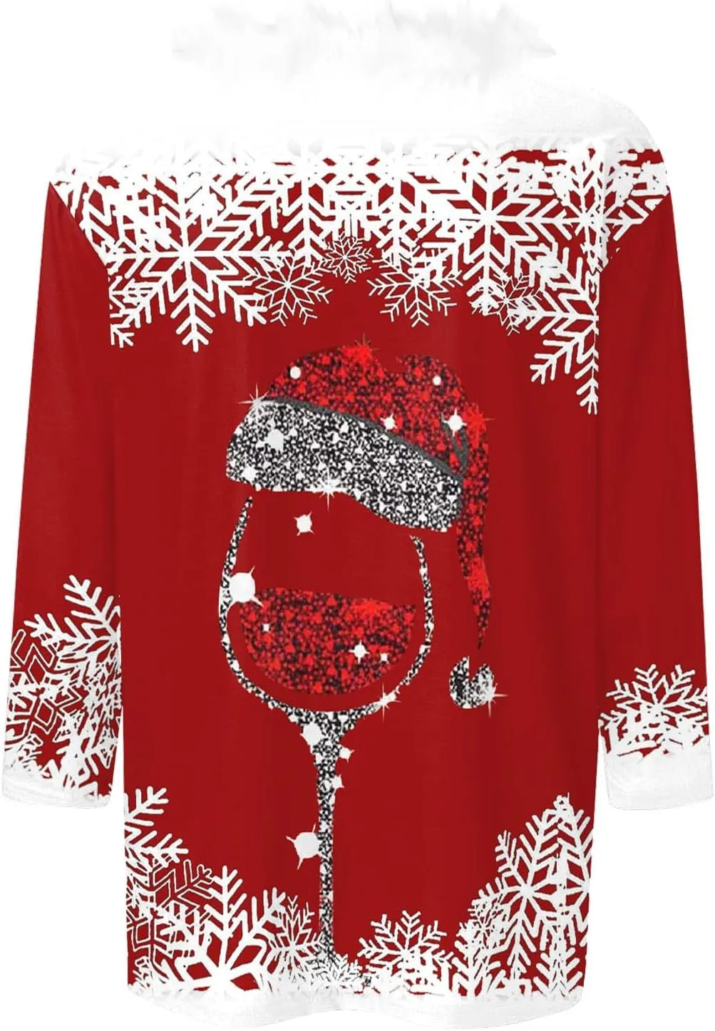 Womens Christmas Holiday Shirts Tops 3/4 Sleeve Faux Fur V Neck T-Shirt Xmas Tree Snowflakes Graphic Top Loose Blouse
