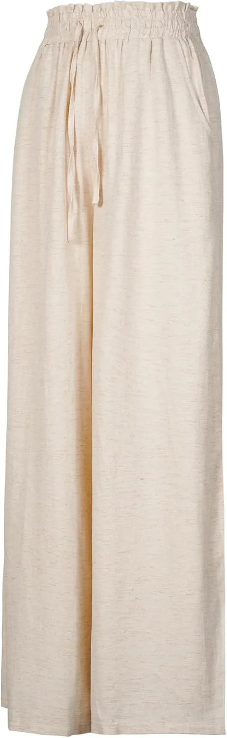 Womens Drawstring Elastic Pant Loose Cotton Linen High Waist Wide Leg Trousers