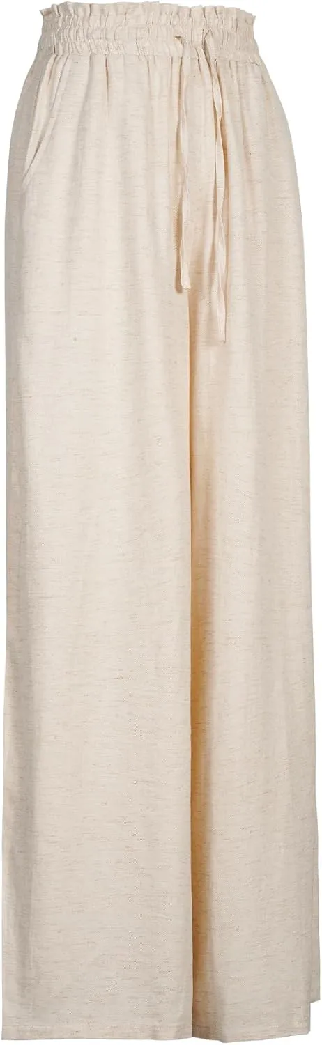 Womens Drawstring Elastic Pant Loose Cotton Linen High Waist Wide Leg Trousers