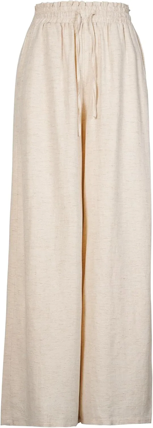 Womens Drawstring Elastic Pant Loose Cotton Linen High Waist Wide Leg Trousers