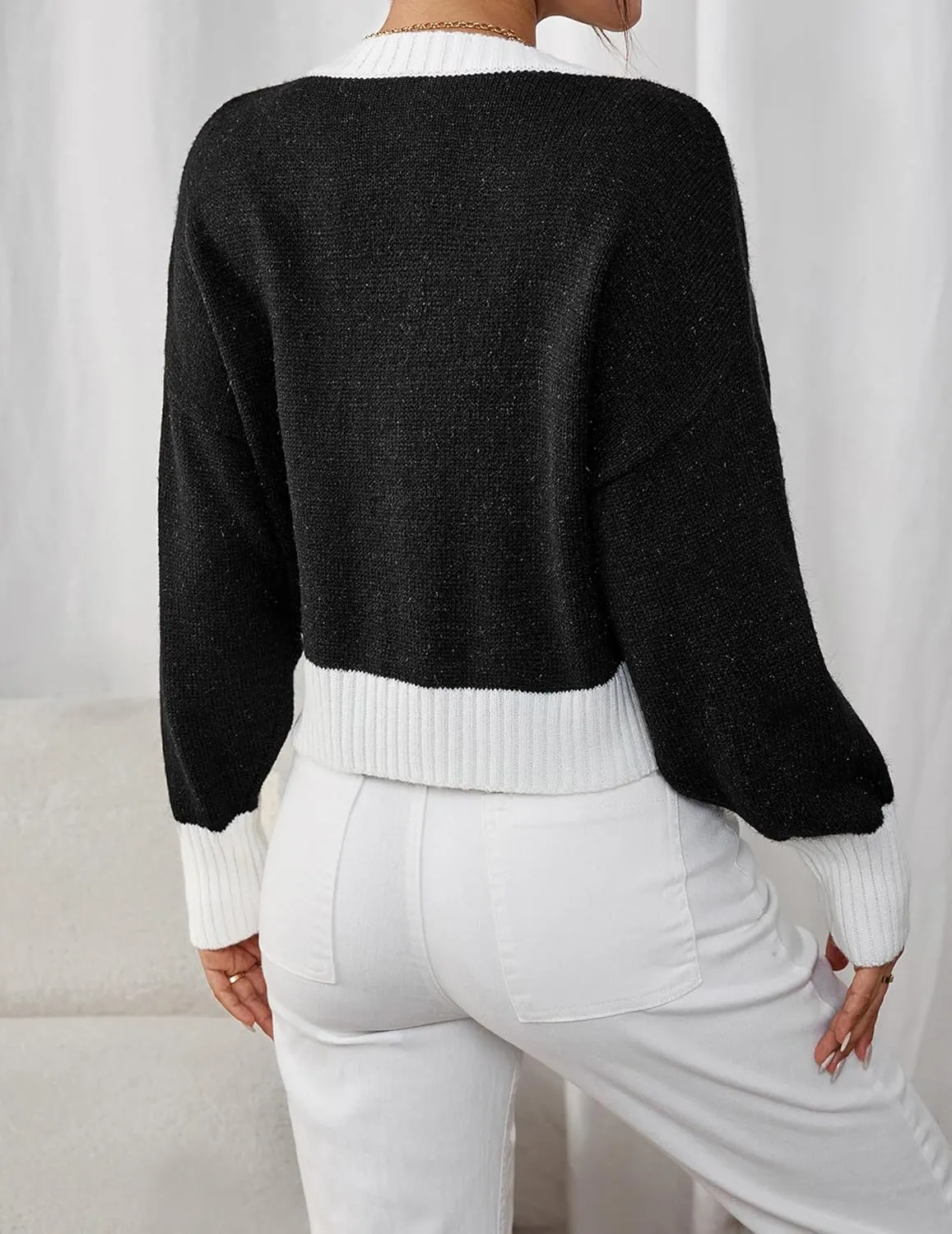 Womens Fall Cute Ribbed Knit Cropped Crewneck Color Block Long Sleeve Pullover Sweater 2024