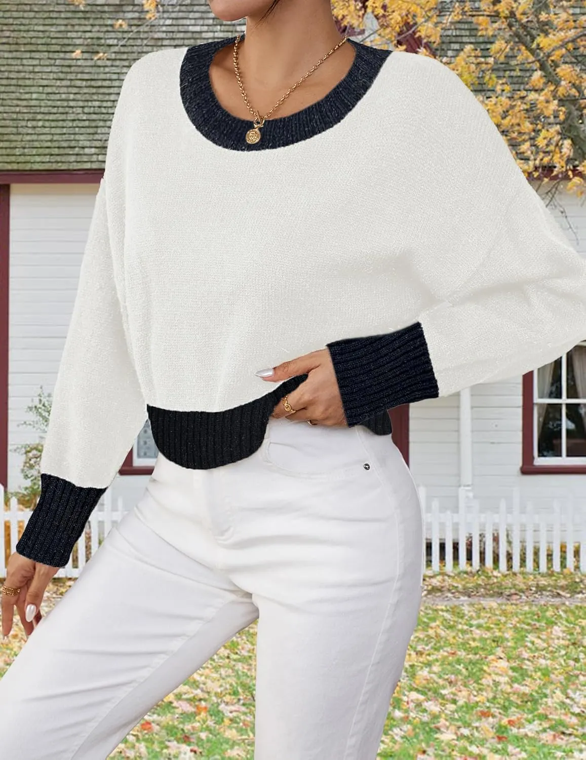 Womens Fall Cute Ribbed Knit Cropped Crewneck Color Block Long Sleeve Pullover Sweater 2024