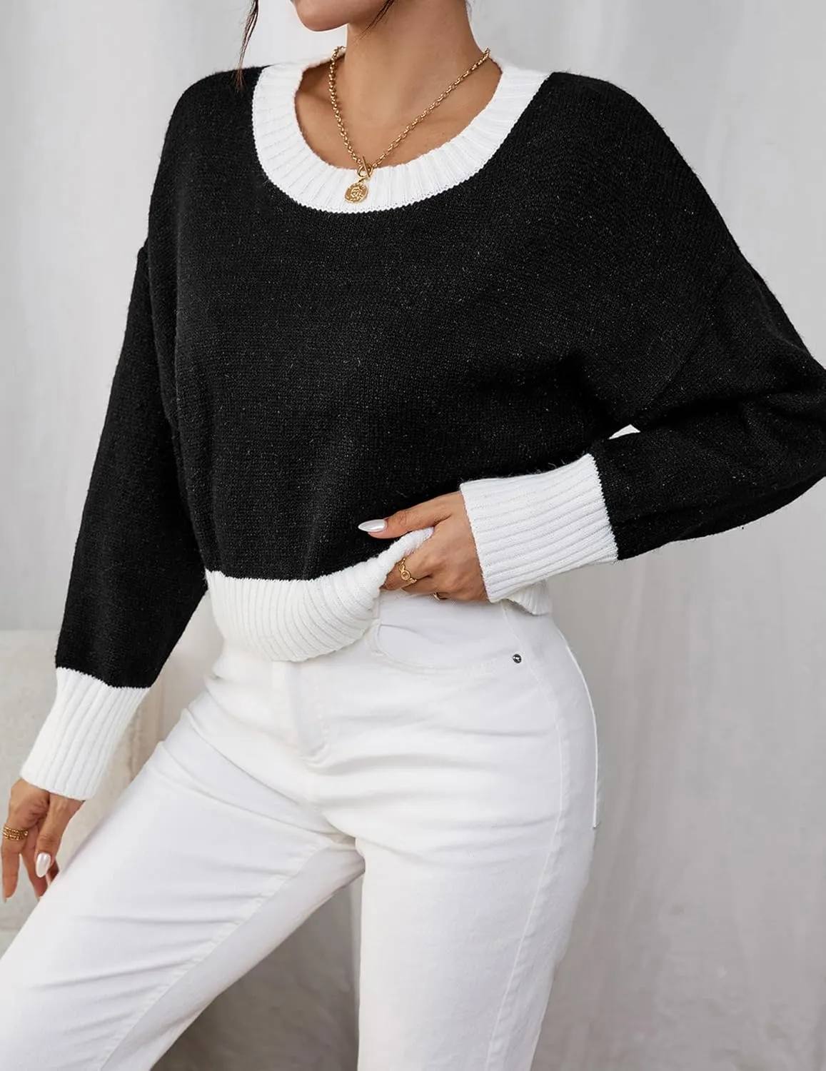 Womens Fall Cute Ribbed Knit Cropped Crewneck Color Block Long Sleeve Pullover Sweater 2024