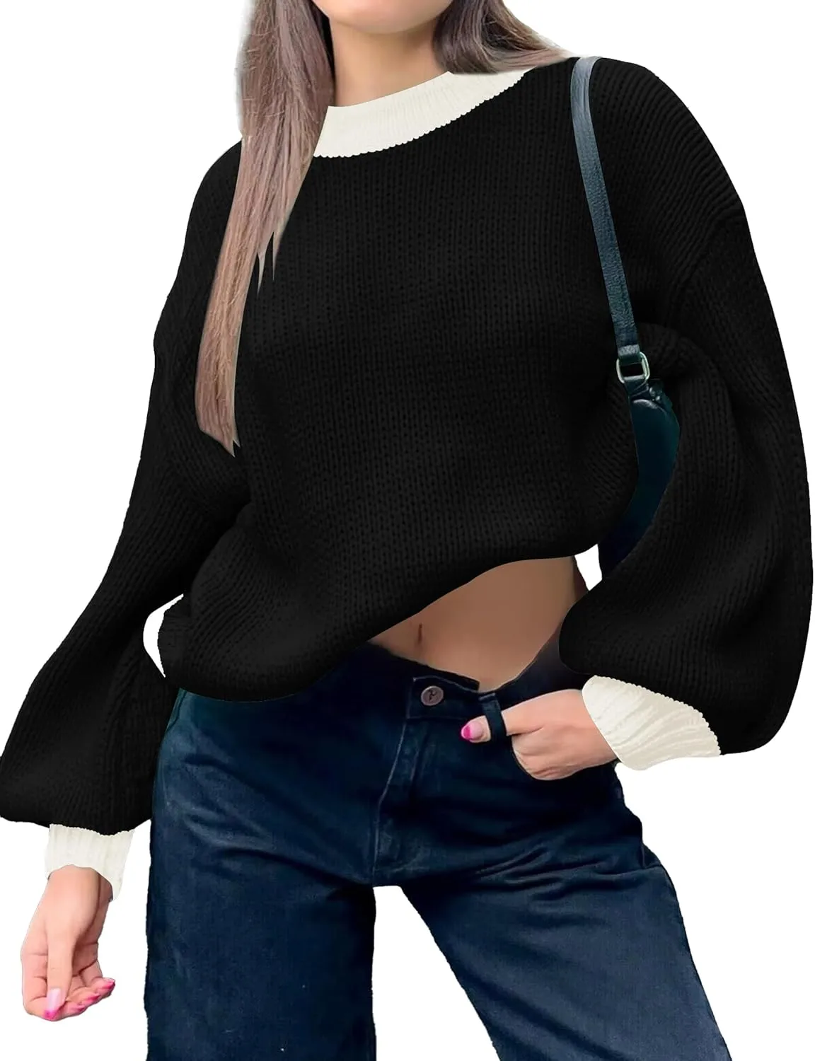 Womens Fall Cute Ribbed Knit Cropped Crewneck Color Block Long Sleeve Pullover Sweater 2024