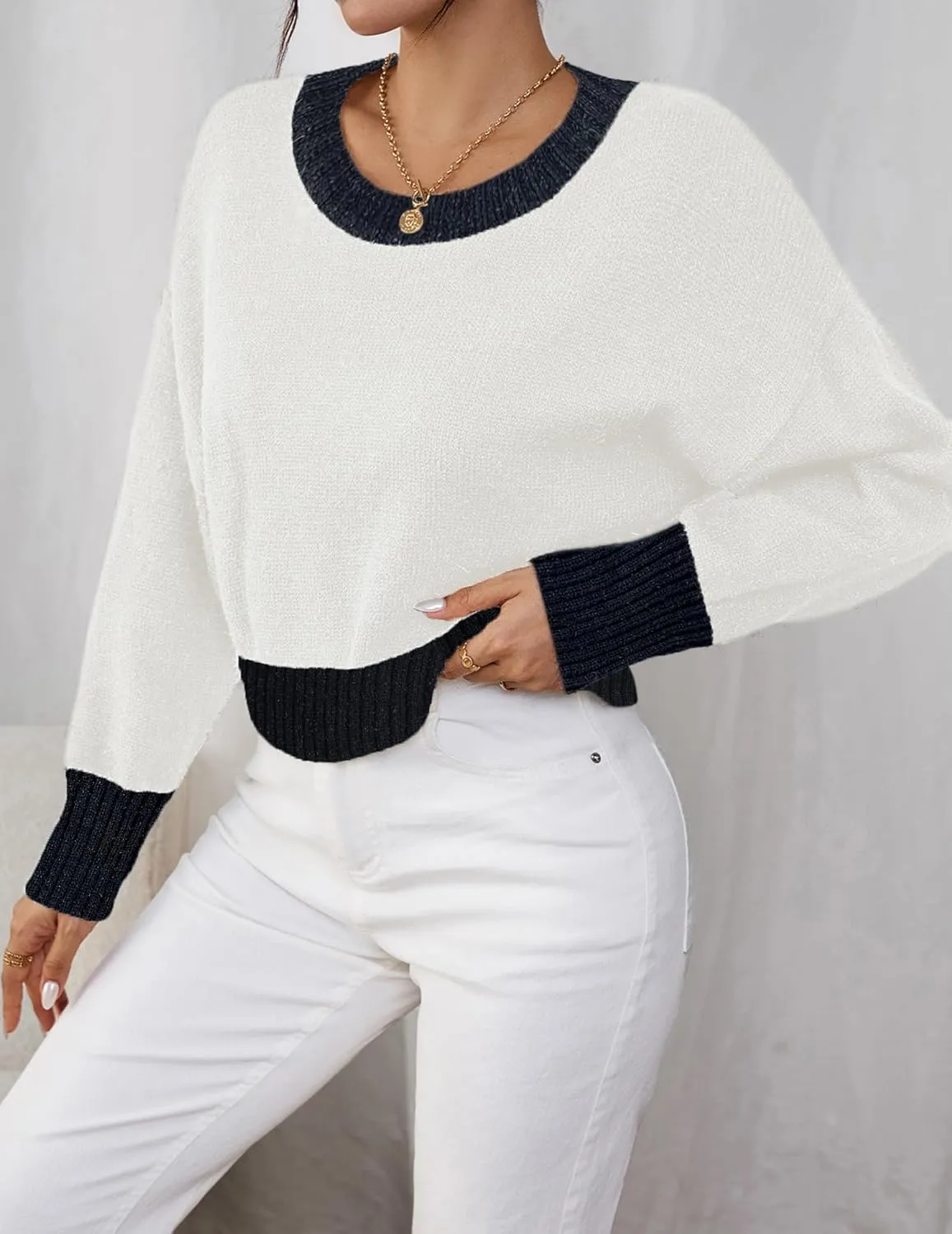 Womens Fall Cute Ribbed Knit Cropped Crewneck Color Block Long Sleeve Pullover Sweater 2024