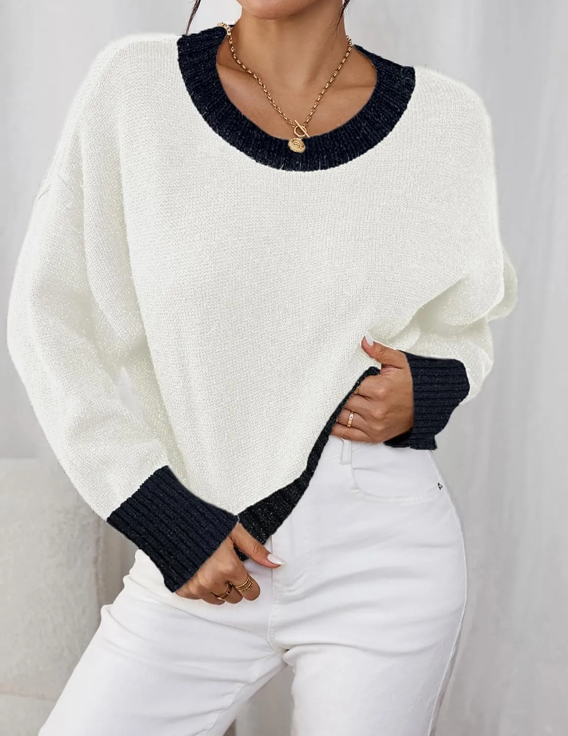 Womens Fall Cute Ribbed Knit Cropped Crewneck Color Block Long Sleeve Pullover Sweater 2024