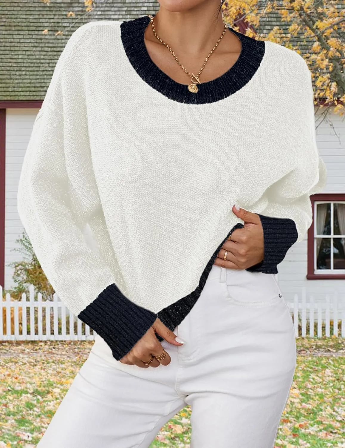 Womens Fall Cute Ribbed Knit Cropped Crewneck Color Block Long Sleeve Pullover Sweater 2024